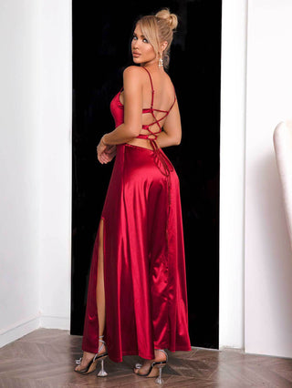 Spaghetti Strap Lace-Up Back Split Dress - Just Believe Boutique