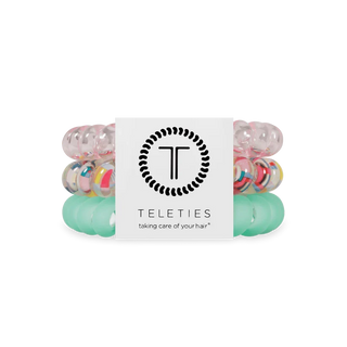 Small Spring Splash spiral hair ties set, translucent mint and multicolor striped coils