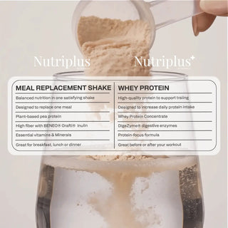 Meal replacement shake label with powder scoop over jar opening