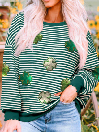 Stripe Lucky Clover Drop Shoulder Sweatshirt - Just Believe Boutique