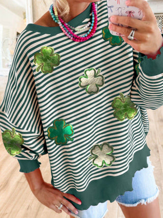 Stripe Lucky Clover Drop Shoulder Sweatshirt - Just Believe Boutique