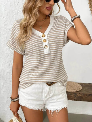 Striped V-Neck Short Sleeve T-Shirt - Just Believe Boutique