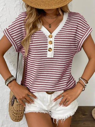 Striped V-Neck Short Sleeve T-Shirt - Just Believe Boutique