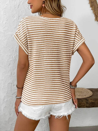 Striped V-Neck Short Sleeve T-Shirt - Just Believe Boutique