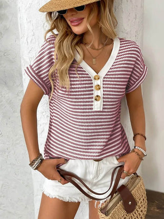 Striped V-Neck Short Sleeve T-Shirt - Just Believe Boutique