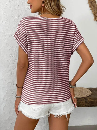 Striped V-Neck Short Sleeve T-Shirt - Just Believe Boutique