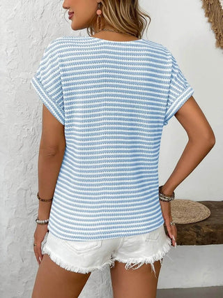 Striped V-Neck Short Sleeve T-Shirt - Just Believe Boutique