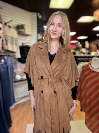 Suede Fringe Coverlet Wrap – Mocha – model photo
