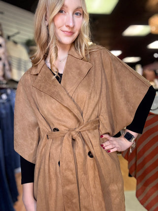 Suede Fringe Coverlet Wrap – Mocha – model photo