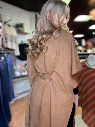 Suede Fringe Coverlet Wrap – Mocha – model photo