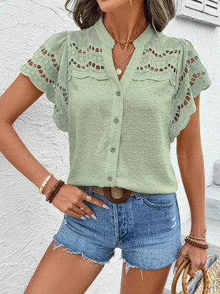 Swiss Dot Cutout Button Down Shirt - Just Believe Boutique