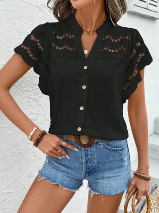 Swiss Dot Cutout Button Down Shirt - Just Believe Boutique