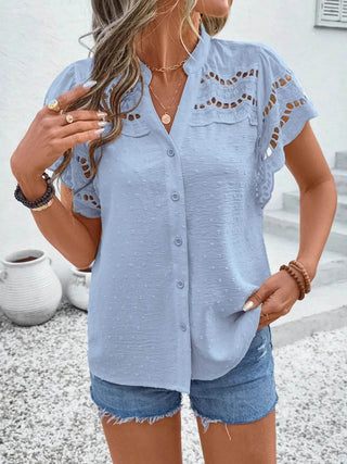 Swiss Dot Cutout Button Down Shirt - Just Believe Boutique