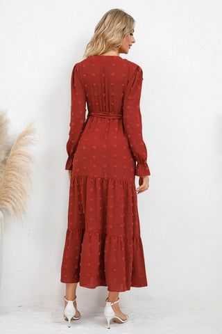 Swiss Dot Tied Surplice Flounce Sleeve Dress - Just Believe Boutique