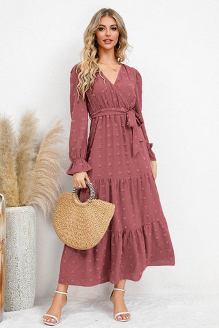Swiss Dot Tied Surplice Flounce Sleeve Dress - Just Believe Boutique