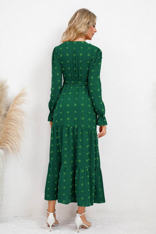 Swiss Dot Tied Surplice Flounce Sleeve Dress - Just Believe Boutique