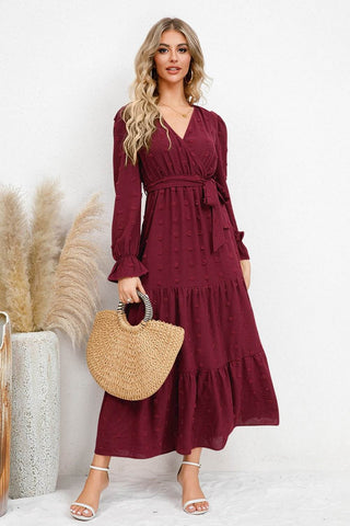 Swiss Dot Tied Surplice Flounce Sleeve Dress - Just Believe Boutique