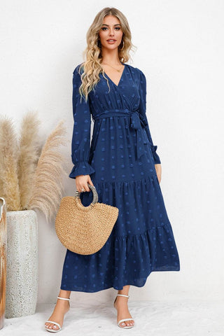 Swiss Dot Tied Surplice Flounce Sleeve Dress - Just Believe Boutique