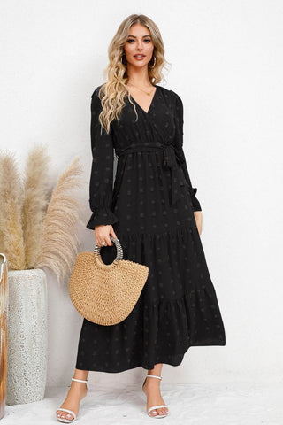 Swiss Dot Tied Surplice Flounce Sleeve Dress - Just Believe Boutique