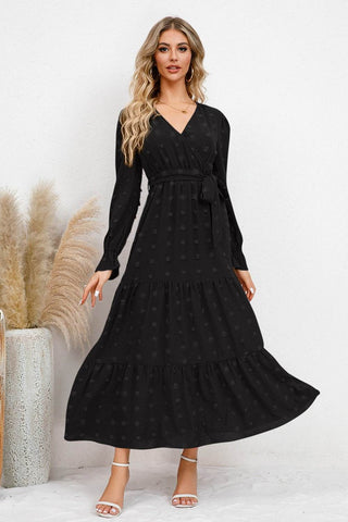 Swiss Dot Tied Surplice Flounce Sleeve Dress - Just Believe Boutique