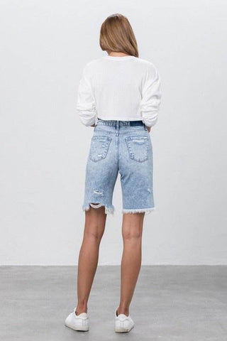 TAKE NO SLIT DISTRESSED DENIM BERMUDA SHORTS - Just Believe Boutique