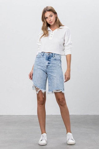 TAKE NO SLIT DISTRESSED DENIM BERMUDA SHORTS - Just Believe Boutique