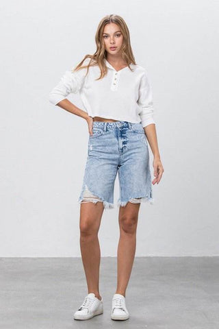 TAKE NO SLIT DISTRESSED DENIM BERMUDA SHORTS - Just Believe Boutique