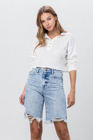 TAKE NO SLIT DISTRESSED DENIM BERMUDA SHORTS - Just Believe Boutique