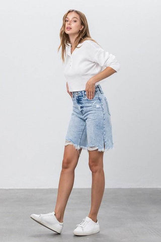 TAKE NO SLIT DISTRESSED DENIM BERMUDA SHORTS - Just Believe Boutique