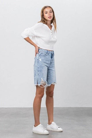 TAKE NO SLIT DISTRESSED DENIM BERMUDA SHORTS - Just Believe Boutique