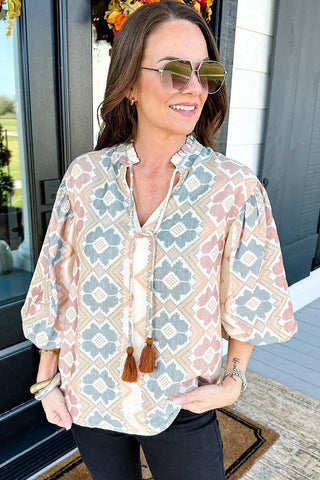 Tassel Tie Neck Balloon Sleeve Blouse - Just Believe Boutique