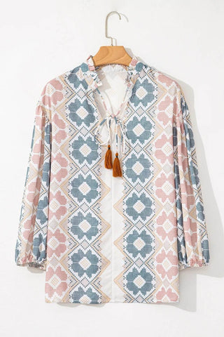 Tassel Tie Neck Balloon Sleeve Blouse - Just Believe Boutique