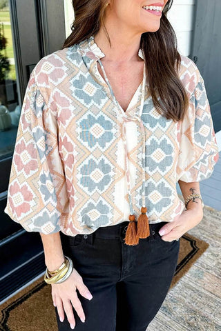 Tassel Tie Neck Balloon Sleeve Blouse - Just Believe Boutique