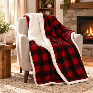 Buffalo plaid sherpa blanket laid flat