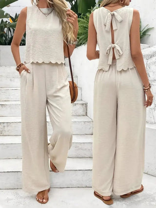 Tie Back Round Neck Top and Pants Set - Just Believe Boutique