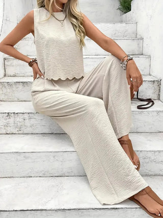 Tie Back Round Neck Top and Pants Set - Just Believe Boutique