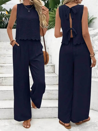 Tie Back Round Neck Top and Pants Set - Just Believe Boutique