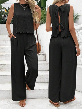 Tie Back Round Neck Top and Pants Set - Just Believe Boutique
