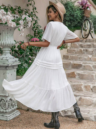 Tie Neck Short Sleeve Ruffle Hem Dress - Just Believe Boutique