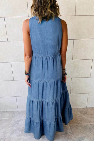 Tie Neck Tiered Maxi Denim Dress - Just Believe Boutique