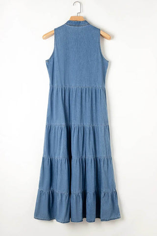 Tie Neck Tiered Maxi Denim Dress - Just Believe Boutique