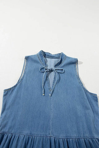 Tie Neck Tiered Maxi Denim Dress - Just Believe Boutique