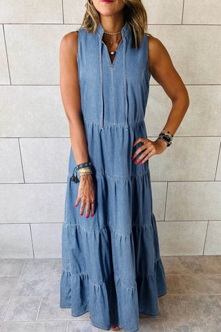 Tie Neck Tiered Maxi Denim Dress - Just Believe Boutique