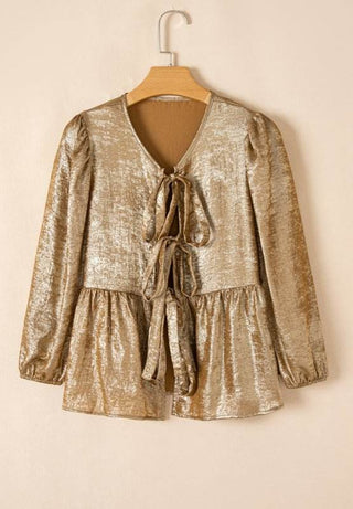 Tied Peplum Three-Quarter Sleeve Blouse - Just Believe Boutique