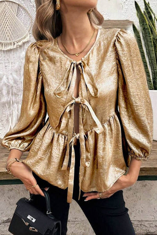 Tied Peplum Three-Quarter Sleeve Blouse - Just Believe Boutique