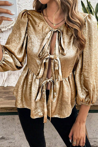 Tied Peplum Three-Quarter Sleeve Blouse - Just Believe Boutique