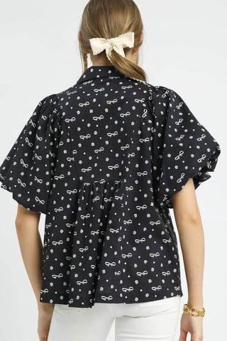 Umgee Bow Print Puff Sleeve Blouse - Just Believe Boutique