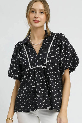 Umgee Bow Print Puff Sleeve Blouse - Just Believe Boutique