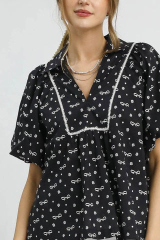 Umgee Bow Print Puff Sleeve Blouse - Just Believe Boutique