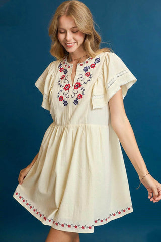 Umgee Embroidered Floral Flutter Sleeve Mini Dress - Just Believe Boutique